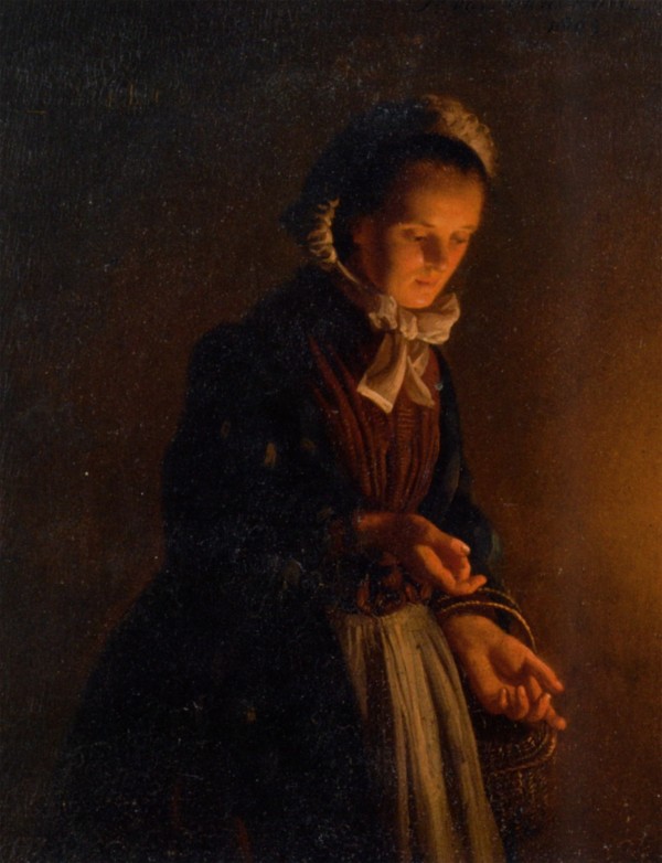 A servant girl by candle light by Petrus van Schendel